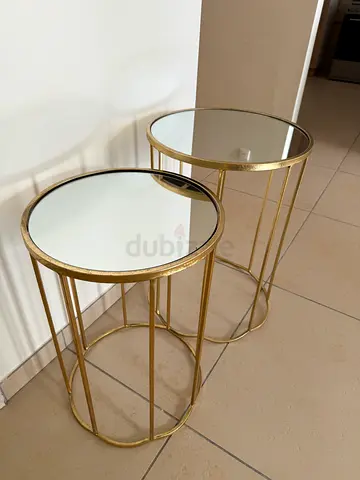 Set of 2 Gold Metal and Glass Side Tables