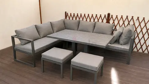 Grey L-shaped Outdoor 5-6 seater Sofa Set with Dining Table - Never Used
