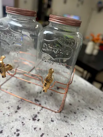 Double Glass Beverage Dispenser Set with Rose Gold Stand and Taps