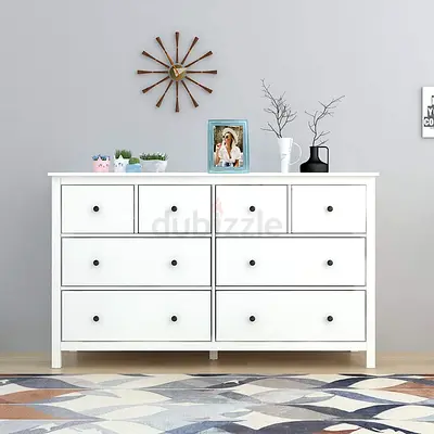 Modern White 8-Drawer Dresser with Black Knobs