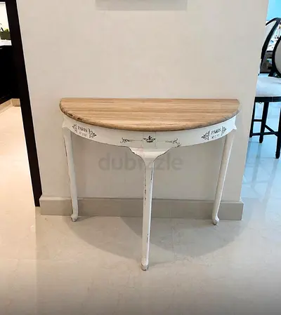 Wooden Half-Moon Console Table — Vintage White Distressed Finish