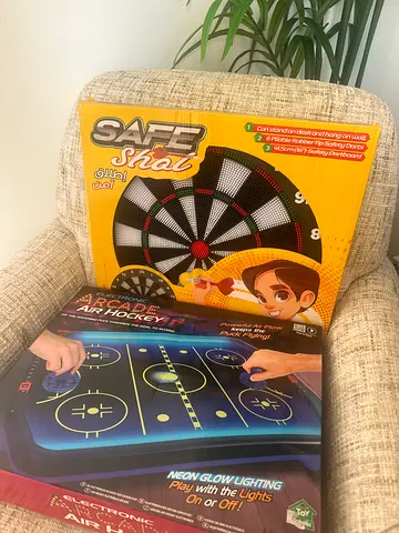 2-in-1 Safe Darts and Air Hockey Tabletop Games - Like New