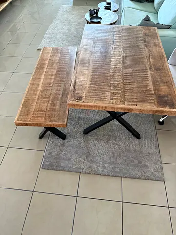 Set of Solid Wood Dining Table with Two Chairs +Bench, Set of 3 Coffee Tables - Rustic Mango Wood