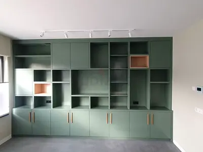 Custom Built-in Green Bookcase Wall Unit - Large, Excellent Condition