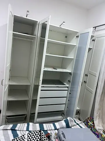 White 3-Door Wardrobe with Shelves and Drawers - Good Condition
