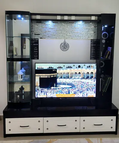 Black and White Entertainment Center with Glass Display Shelves