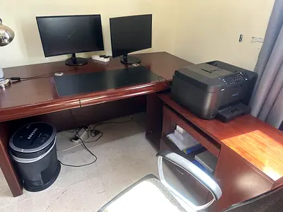 Office furniture and equipment set including desk monitors and printer