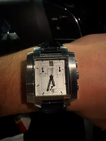 Mens rectangular stainless steel chronograph watch with black leather strap