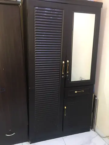 Dark Wood Two Door Wardrobe with Mirror and Drawer