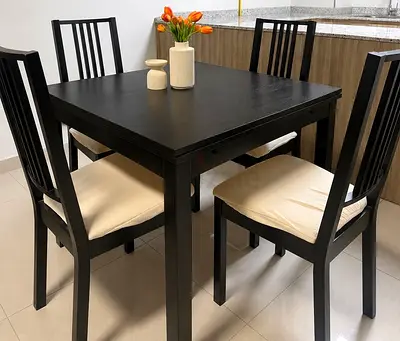 Solid Black Wooden 4-Seater Dining Table with Cushioned Chairs