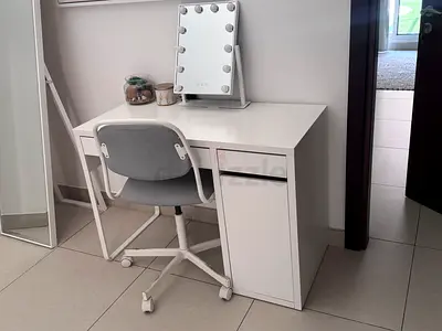 Modern White Study Desk with Integrated Storage and Grey Office Chair