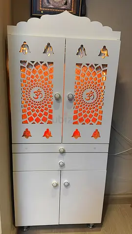 New White Wooden Pooja Cabinet with Carved Doors and LED Backlight