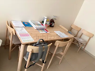Scandinavian-Style Light Wood Dining Set – Large Rectangular Table  6 Cushioned Chair
