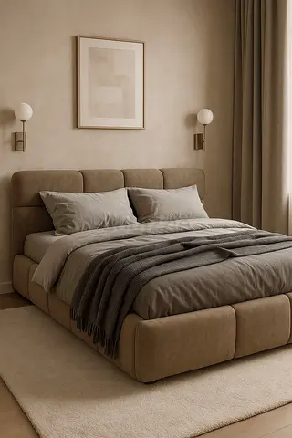 Modern upholstered beige double bed with padded headboard