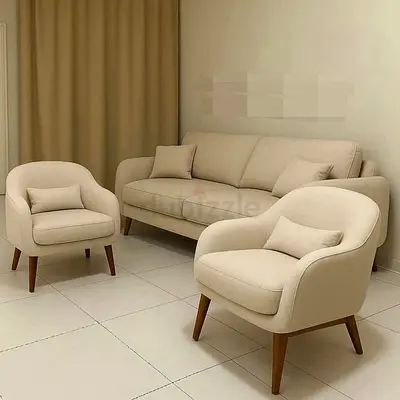 Beige 3-Seater Sofa with 2 Matching Armchairs - Modern Minimalist Set