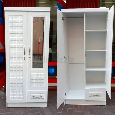 White 2-Door Wardrobe with Mirror and Drawer - Good Condition