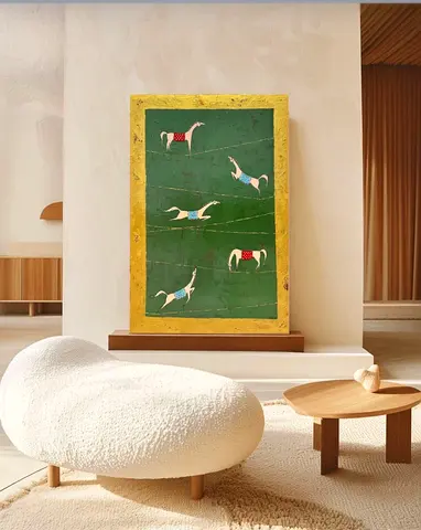 Equestrian Painting on Green Background with Gold Frame