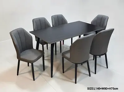Modern 6-Seater Dining Table Set with Grey Upholstered Chairs