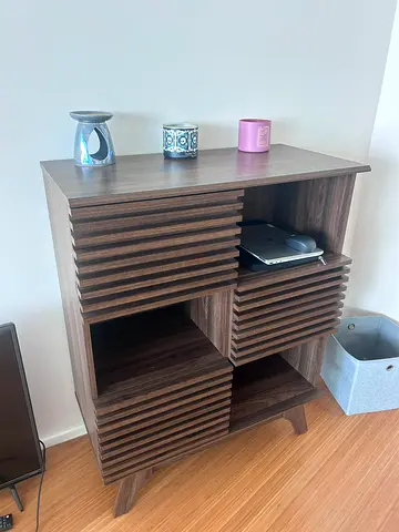 Compact wooden storage cube shelf with slatted front , some small scratches on top