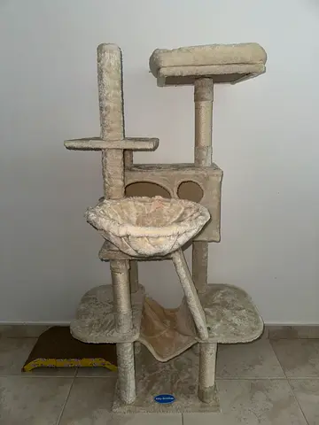 Beige Multi-Level Cat Tree with Perches and Hammock - Good Condition