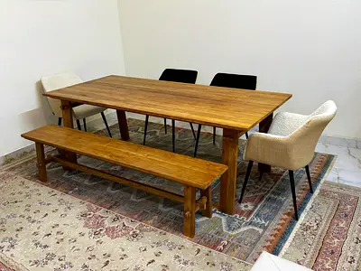 Marina Home Designer Dining Set | Solid Wood Statement Table + Bench + Chic Bouclé Chairs