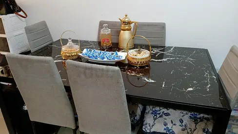 Black Marble Effect Dining Table with 6 Fabric Chairs