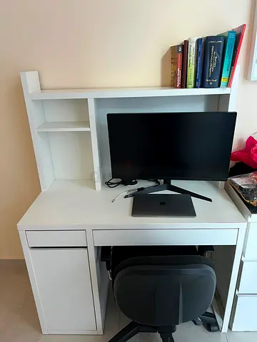 IKEA White Compact Study Desk with Overhead Shelf and Storage with black Chair