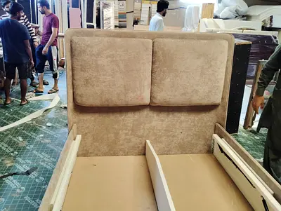 Upholstered Double Bed Frame with Padded Headboard - Beige