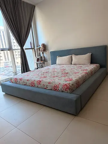 Light blue fabric super king bed frame with headboard and cooling memory foam mattress