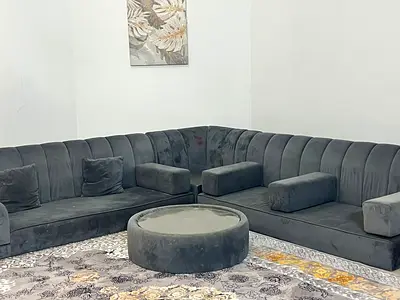Modern L Shaped Grey Velvet Sectional Sofa with Matching Ottoman Coffee Table