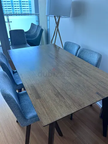 Wooden Dining Table with 6 Upholstered Grey Chairs - Good Condition
