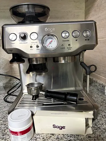 Sage stainless steel espresso machine with built-in grinder — good working condition
