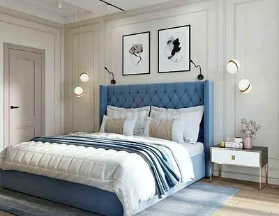 Upholstered King Bed with Padded Headboard - Blue