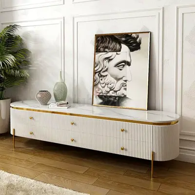 Modern White Ribbed TV Stand with Marble Top and Gold Accents