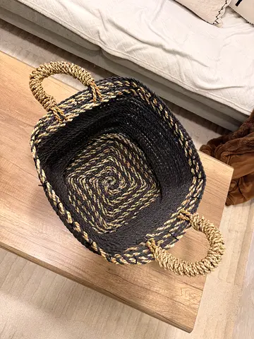 Handwoven Black and Natural Seagrass Storage Basket with Handles