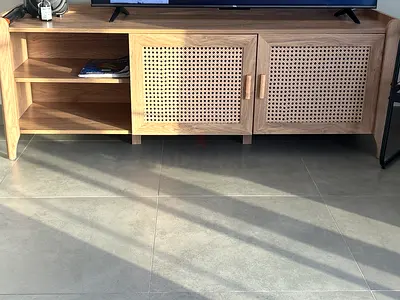 Solid Wood TV Cabinet with Rattan Doors - Light Oak Finish