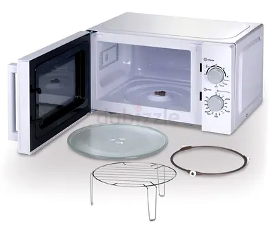 Compact White Countertop Microwave Oven with grill and defrost- Works Well, Includes Plates and Rack