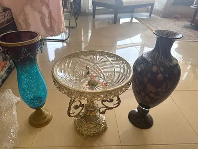 Set of three decorative vintage vases and centerpiece bowl - mixed glass and metal