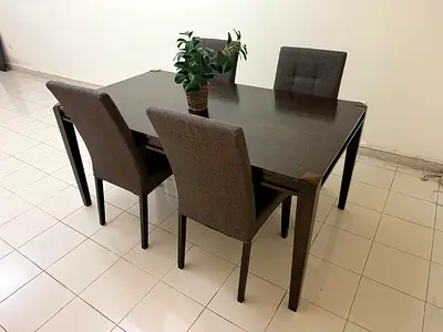 Wooden Dining Table from PAN Emirates with 4 Chairs on Offer price- Dark Finish