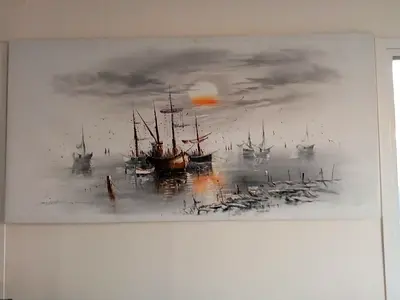 Frameless canvas oil painting of boats at sunset