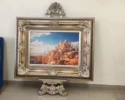 Large Antique Framed Landscape Painting with Decorative Stand