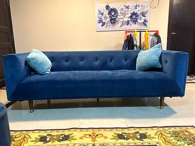 Blue Velvet 5 Seater Sofa in Good Condition