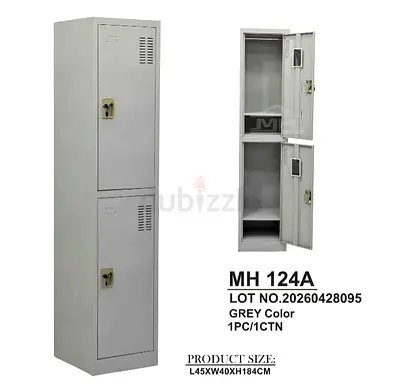 Metal 2-Door Locker Cabinet - Grey, 184cm Height