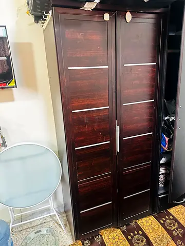 Dark Wood Two Door Wardrobe with Silver Accents
