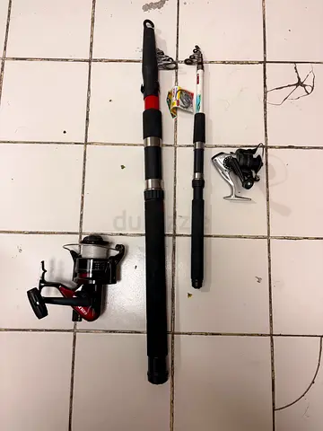 Two fishing rods with spinning reels - used set and some fishing hook set also