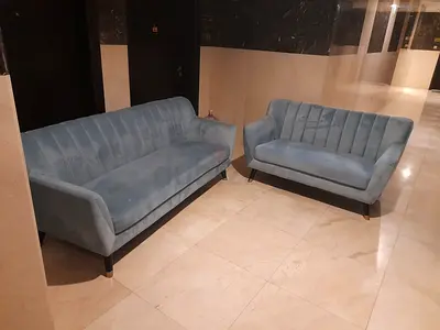 Light blue velvet sofa set - 3-seater and 2-seater, good condition