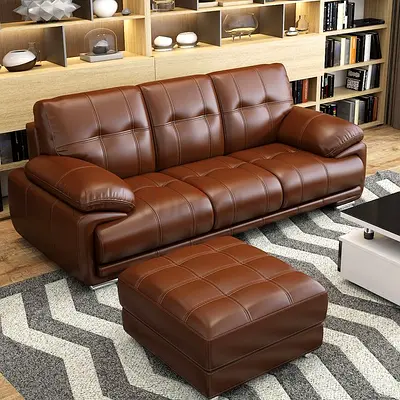 Modern Brown Leather 3 Seater Sofa with Matching Ottoman
