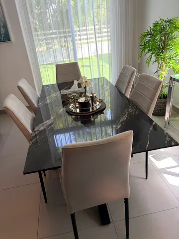 Marble-top dining table with 6 upholstered chairs - modern set
