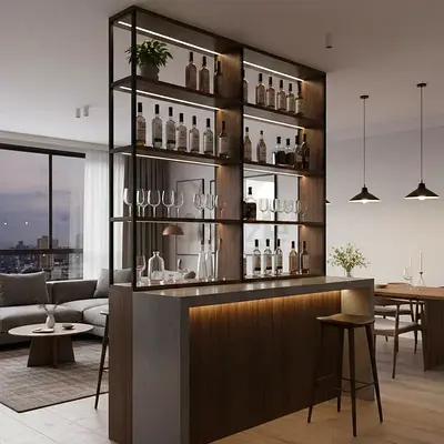 Modern freestanding home bar with shelving and LED lighting