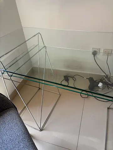 Glass Side Table with Metal Frame - Minimalist Design and chair